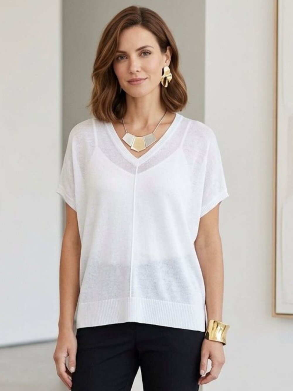 Eileen Fisher Petite White 100% Linen Casual Top 3458